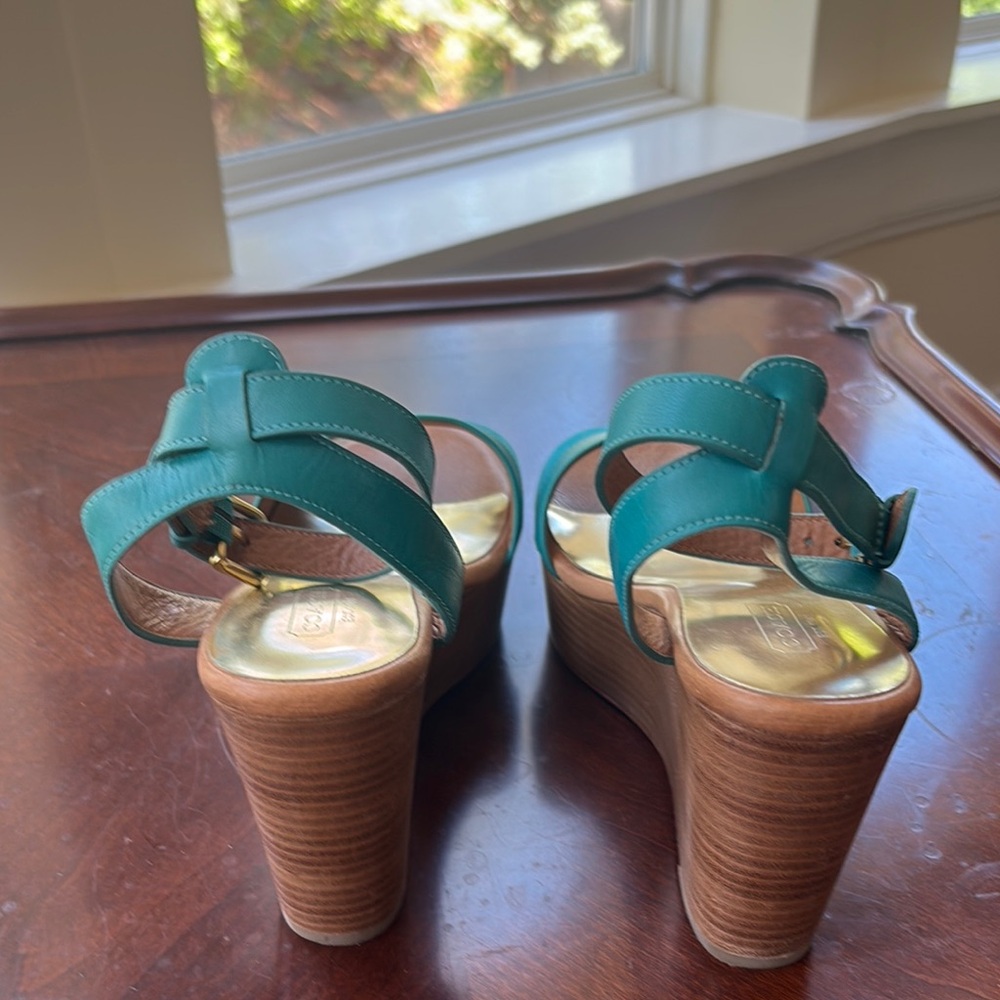 Coach Blue and Brown Wedge Sandals - Picture 2 of 4